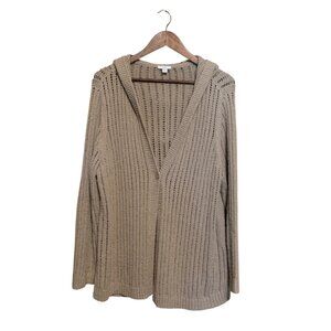 J Jill Women's Top Beige Crochet Hooded Open Front Cardigan Sweater XL Cottage